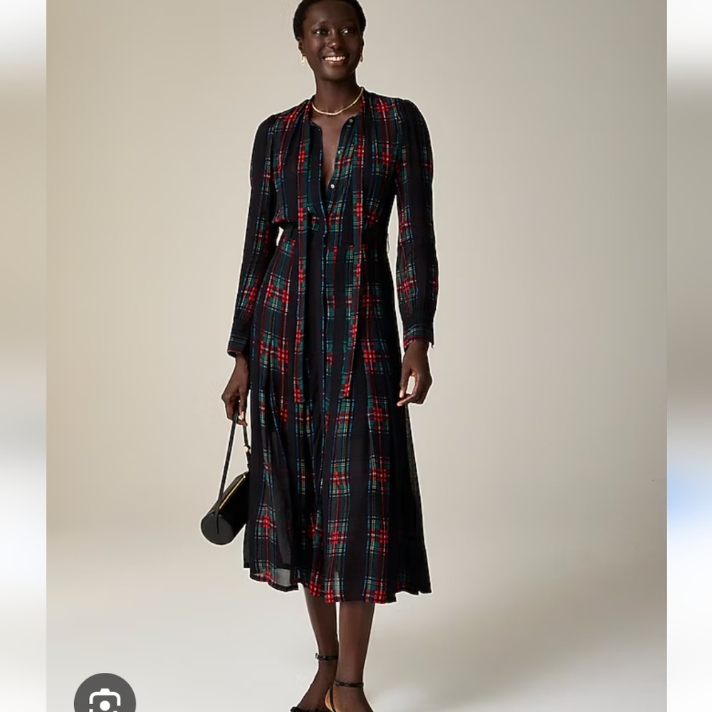 J Crew Tie-neck dress in Stewart tartan viscose chiffon CF794 NWT SZ XXS